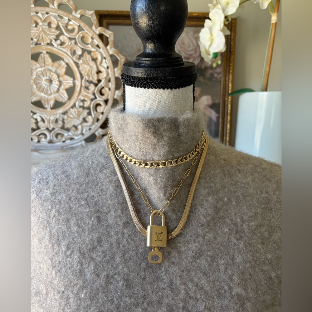 Louis Vuitton Gold Padlock & Key #311 and House of Harlow multi layer necklace
